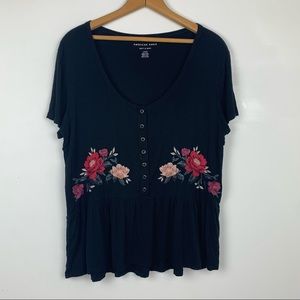 American Eagle Black Peplum Blouse Embroidered Flowers Flowy Large Short Sleeve